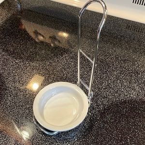 Pampered Chef Spoon Rest #1678 Retired Stainless steel frame white ceramic dish